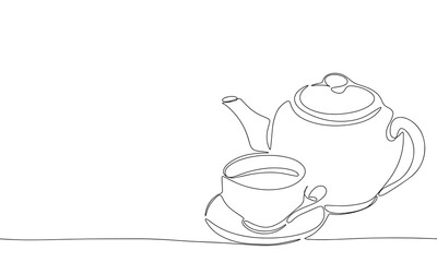 Teapot and cup of tea one line continuous. Tea cup and kettle line art. Hand drawn vector art.