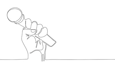 Hand with microphone one line continuous. Microphone in hand line art. Hand drawn vector art.