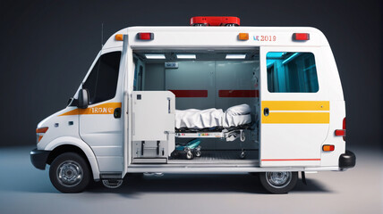 A medical ambulance with an empty bed inside, suitable for healthcare and emergency services concepts. Generative AI.
