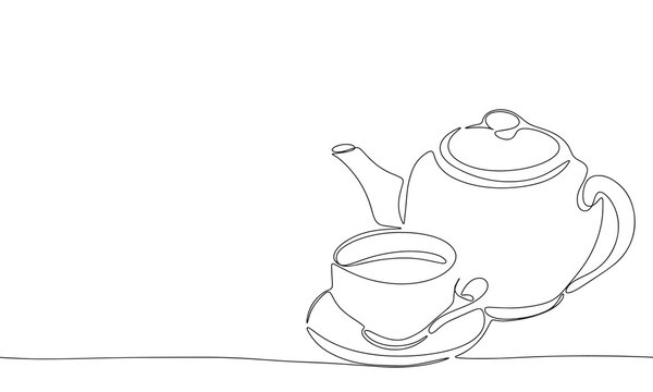 recommend clip art: Teapot and cup of tea one line continuous. Tea cup and kettle line art. Hand drawn vector art.