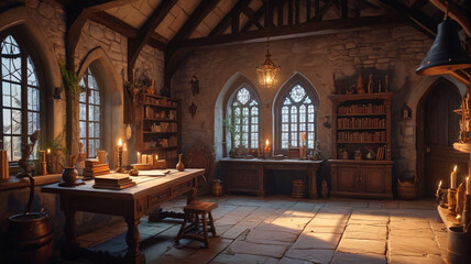 Fototapeta premium Magic wizard school room set in a medieval house, depicted in a cartoon background. Generative AI.