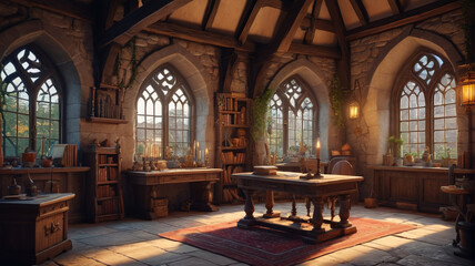 Magic wizard school room set in a medieval house, depicted in a cartoon background. Generative AI.
