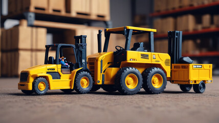 A toy truck with a forklift and another with a loader, perfect for industrial and construction themes. Generative AI.