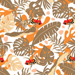 Cartoon seamless pattern with tropical leaves and poison frog.Floral background with cute wild animal.Orange and beige colors.Print on fabric and paper.Vector design for banner,wallpaper,packaging.
