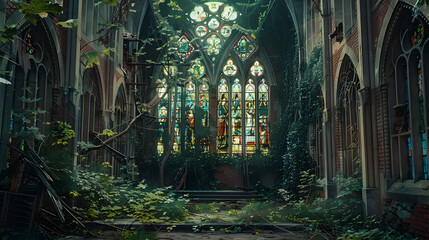A church with stained glass windows and a green plant growing out of the window