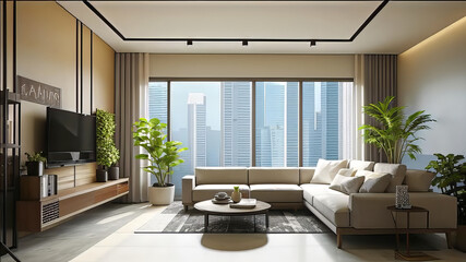 Fototapeta premium Futuristic newfangled living room in luxurious modern interior design style, Luxurious and magazine cover worthy interior. Classical architecture,
