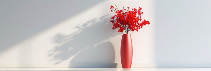 Red flower vase placed in an empty white room, emphasizing simplicity and elegance in interior design