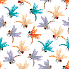 Cartoon seamless pattern with cute dragonfly on white background.Wild animal background with colorful winged insects.Print on fabric and paper.Vector design for use in packaging,wallpaper,cover.