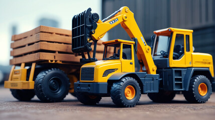 Obraz premium A toy truck with a forklift and another with a loader, perfect for industrial and construction themes. Generative AI.