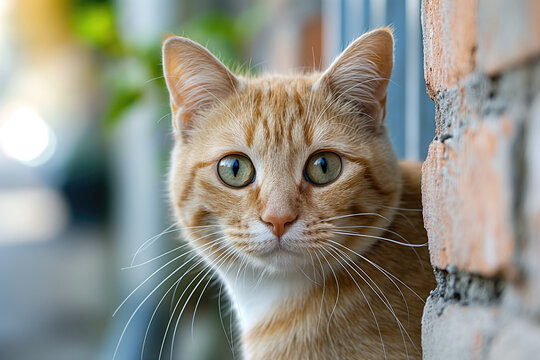 Red tabby barn cat peeking around corner