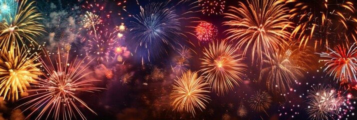 Fototapeta premium Pyrotechnics and fireworks on black night sky. Firework banner and traditional celebration background