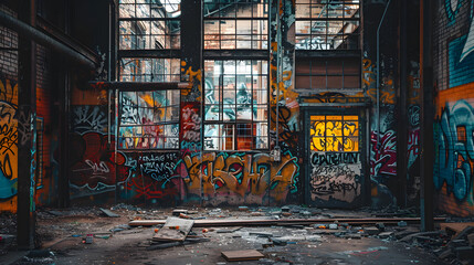 A long, empty hallway with graffiti on the walls