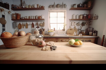 Fototapeta premium Kitchen table with food ready for cooking in the sunny room with window. Bright kitchen interior.