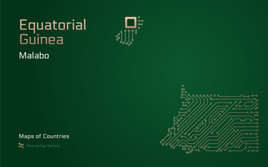 Naklejka premium Equatorial Guinea Map with a capital of Malabo City Shown in a Microchip Pattern with processor. E-government. World Countries vector maps. Microchip Series