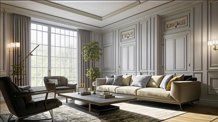 luxury modern transitional living room design. Luxurious and worthy magazine cover interior. Classical architecture,