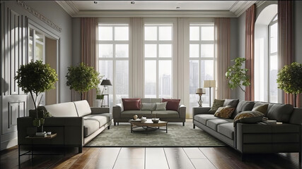 luxury modern transitional living room design. Luxurious and worthy magazine cover interior. Classical architecture,