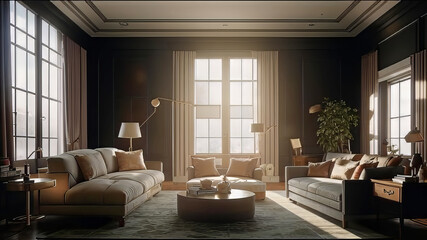 luxury modern transitional living room design. Luxurious and worthy magazine cover interior. Classical architecture,