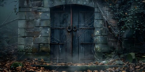 Large wooden door to misty dungeon entrance covered in cobwebs. Concept Medieval Dungeon Entrance, Creepy Cobwebs, Wooden Door, Misty Ambiance