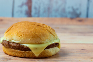 hamburger on a wooden table