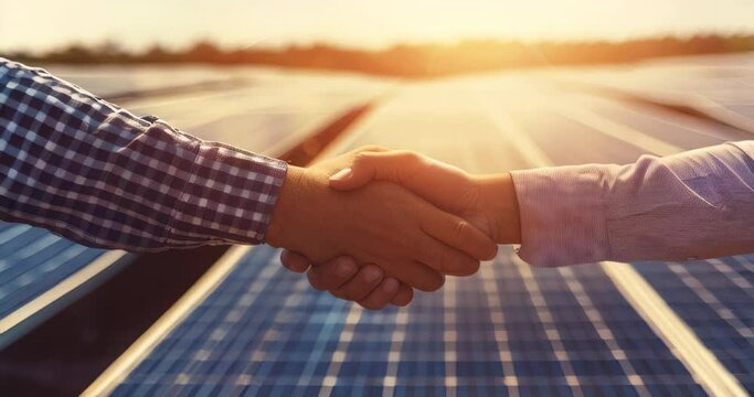 Firm representatives engage in a handshake before an expanse of solar panels, signifying alliances fostered for green initiatives. Corporate carbon reduction