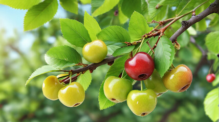 A closeup of green sweet cherry tree branches with ripe juicy berries in a garden, symbolizing harvest time. Generative AI.
