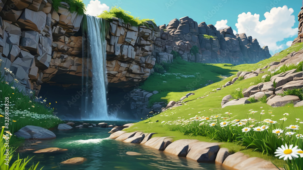 Sticker Waterfall on rocky cliff mountain with green grass, bushes, and daisy flowers depicted in a cartoon  illustration set of summer or spring river and lake landscape elements. Generative AI.