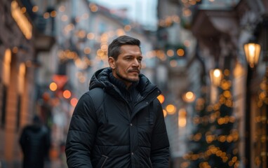 Fototapeta premium A man wearing a black jacket walking down the street