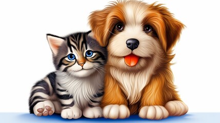 Adorable kitten and playful puppy sitting together, showcasing the lovable bond between pets and highlighting their cuteness and friendly relationship.