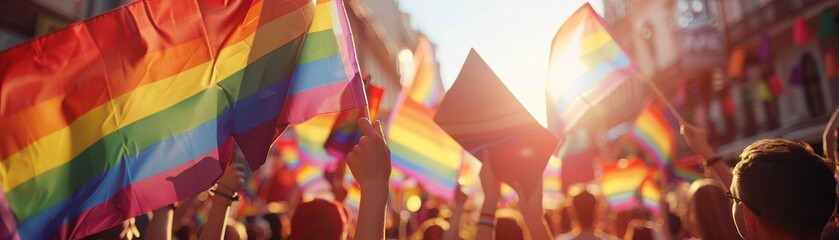 Activists at pride rally, holding equality signs, rainbow colors, 3D rendering, unity and strength, celebrating LGBTQ rights