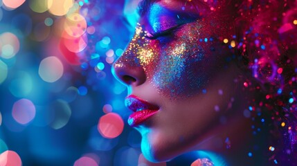 Fototapeta premium Drag queen performance, vibrant makeup, extravagant costume, spotlight stage, dramatic pose, glitter and glamour, electric atmosphere