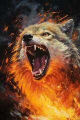 watercolor  of  A Fierce wolf with fiery mane roaring in the midst of flames. Symbolizes power, strength, and ferocity in a captivating, fiery illustration.