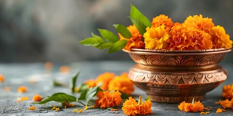 Copper Kalash adorned with marigold flowers and mango leaves for Hindu celebrations. Concept Hindu Rituals, Copper Kalash, Marigold Flowers, Mango Leaves, Celebration Decor