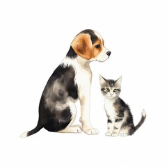 Obraz premium Watercolor illustration of a cute puppy and kitten sitting together on a white background.