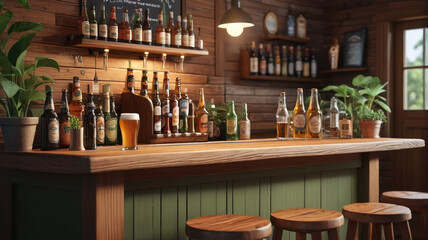 Bar counter, furniture, and equipment depicted in a cartoon vector set of pub interior objects. Generative AI.