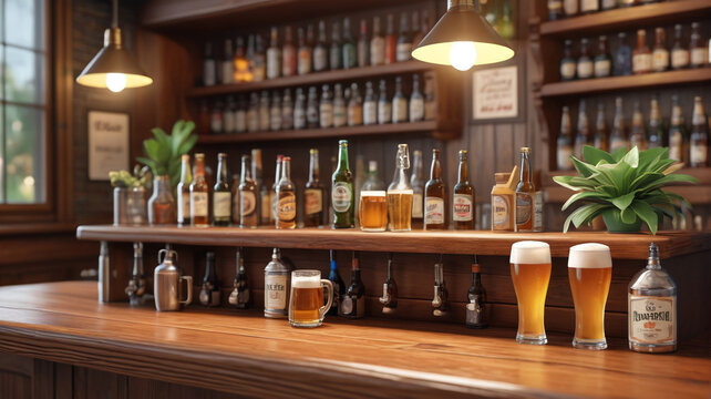 Bar counter, furniture, and equipment depicted in a cartoon vector set of pub interior objects. Generative AI.