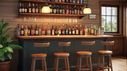 Obraz premium Bar counter, furniture, and equipment depicted in a cartoon vector set of pub interior objects. Generative AI.