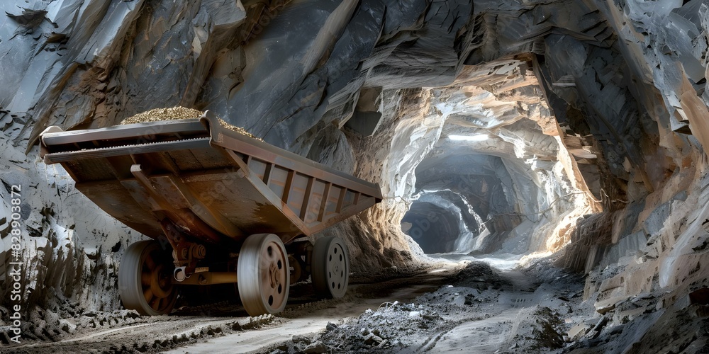 Poster essential cart in gold mine for transporting ore in mining operations. concept mining equipment, ore