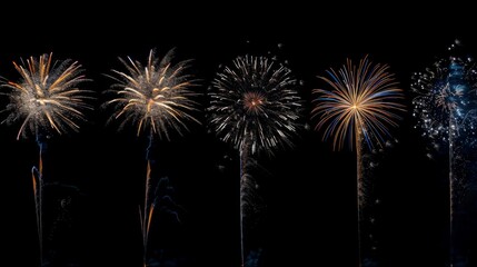 Wonderful vivid fireworks exploding on background of black night sky for celebration