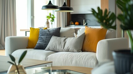 Fototapeta premium Sleek Contemporary Living Room Interior with Stylish Sofa and Table in Modern Luxury Setting