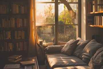 Fototapeta premium Elegant Contemporary Interior on Beige Tone Walls with Sofa at Twilight Sunset View through Left Window