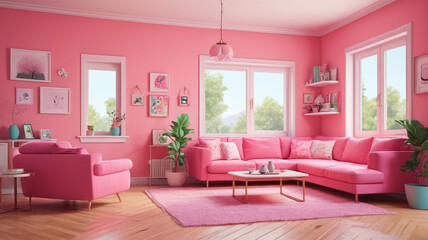 Living room interior furniture and decorative elements portrayed in bright pink colors, depicted in a cartoon vector illustration set of a cute girly house and apartment indoor. Generative AI.