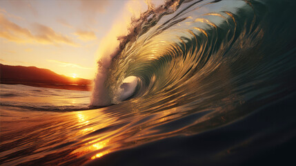 generated illustration of a surfer's silhouette against a vibrant sunset, highlighting the sport on International Surfing Day.