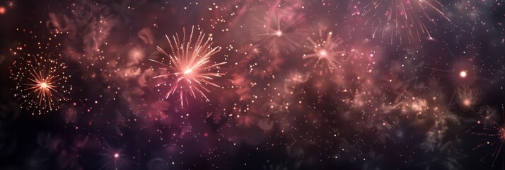 Pyrotechnics and fireworks on black night sky. Firework banner and traditional celebration background