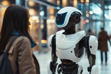 A woman stands by a robot on a street in the city