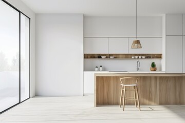 A minimalist white kitchen featuring light wood cabinets, white walls, an airy feel, and designed in the Scandinavian style. 