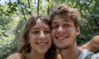 Naklejka premium Selfie of a cute young couple in nature. Romantic selfie.