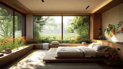 Fototapeta premium Natural shade in bedroom of a villa hotel by wildflower at meadow