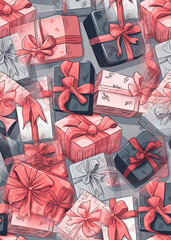 Cute christmas gift boxes with ribbons in hand drawn doodle style, flat vector seamless background