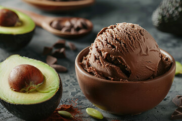 scoop of high-protein chocolate avocado ice cream. for vegan lifestyle, fitness-conscious consumers, gourmet dessert lovers, intersection of taste, wellness, culinary innovation, flavour trends