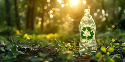 Green recycling symbol on plastic bottle signifies PET packaging for environmental recycling. Concept Environmental sustainability, PET packaging, Recycling symbol, Green initiatives